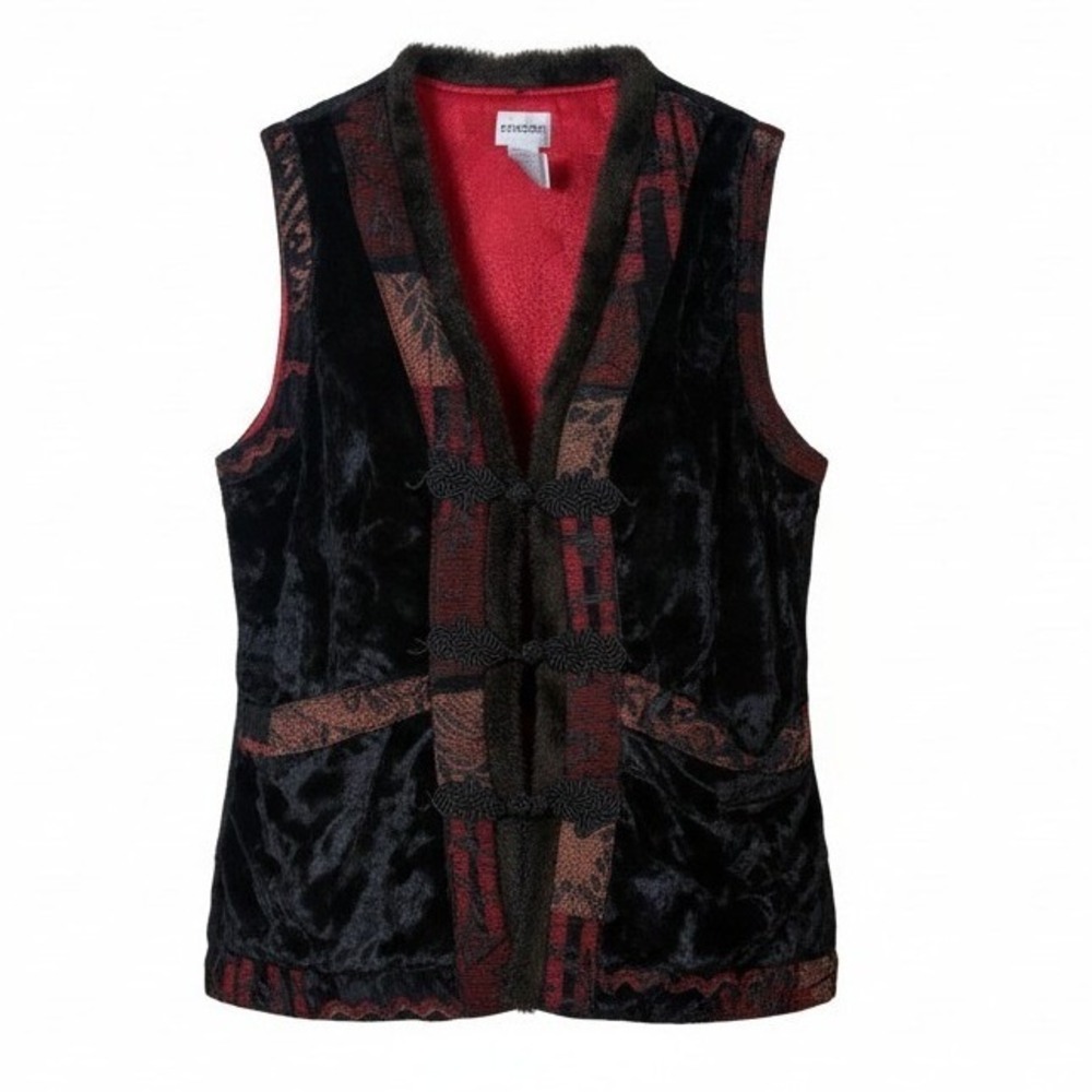 Chico's Women Vest 1 Med Black Burgundy Velvet Tapestry Faux Fur Whimsigoth Art